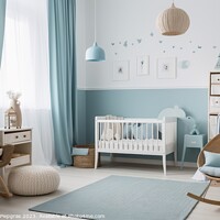 Buy canvas prints of A baby boy room in pastel blue created with generative AI techno by Michael Piepgras