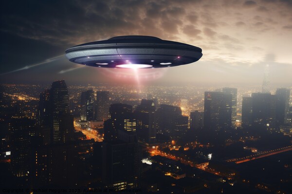 A big UFO above a modern city in the sky created with generative Picture Board by Michael Piepgras