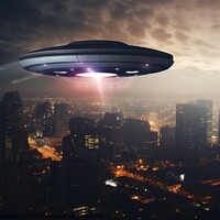Buy canvas prints of A big UFO above a modern city in the sky created with generative by Michael Piepgras
