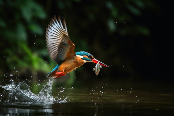 A colorful kingfisher in flight catching a fish from a lake crea Picture Board by Michael Piepgras
