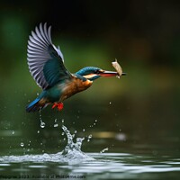 Buy canvas prints of A colorful kingfisher in flight catching a fish from a lake crea by Michael Piepgras