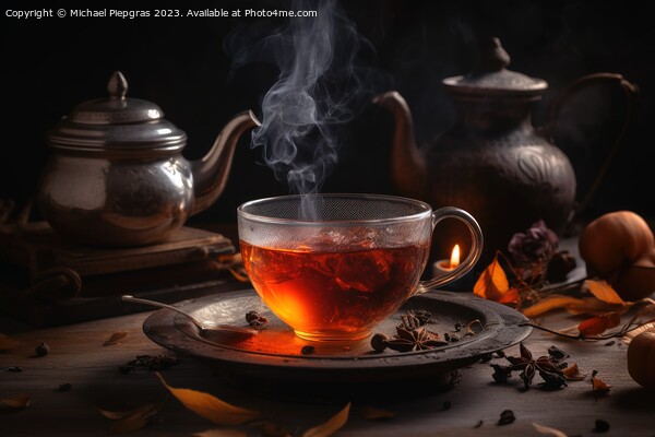 A cosy tea scenario concept with steaming tea in a cup and tea l Picture Board by Michael Piepgras