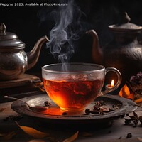 Buy canvas prints of A cosy tea scenario concept with steaming tea in a cup and tea l by Michael Piepgras