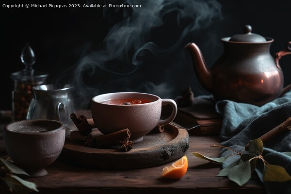 A cosy tea scenario concept with steaming tea in a cup and tea l Picture Board by Michael Piepgras