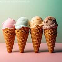 Buy canvas prints of Delicious ice cream cones with several ice cream scoops against  by Michael Piepgras
