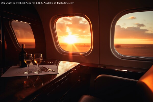 A first class area in a business jet with the sunset through a w Picture Board by Michael Piepgras