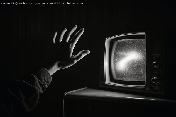 A hand reaching out at an old television created with generative Picture Board by Michael Piepgras