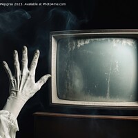 Buy canvas prints of A hand reaching out at an old television created with generative by Michael Piepgras