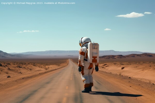 A hitchhiking astronaut on a lonely road created with generative Picture Board by Michael Piepgras
