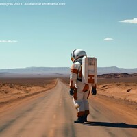 Buy canvas prints of A hitchhiking astronaut on a lonely road created with generative by Michael Piepgras