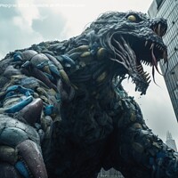 Buy canvas prints of A huge monster made of plastic waste attacking a modern city cre by Michael Piepgras