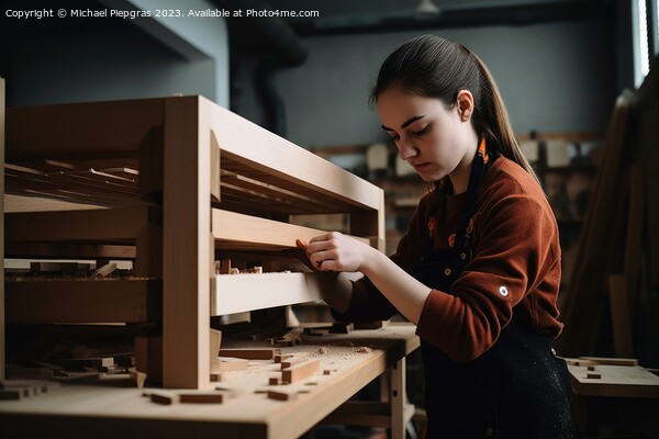 A female craftsman builds a shelf created with generative AI tec Picture Board by Michael Piepgras