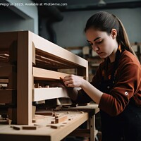 Buy canvas prints of A female craftsman builds a shelf created with generative AI tec by Michael Piepgras