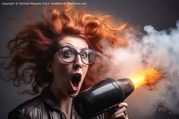 A woman with a very wild hairstyle looks amazed at an exploded h Picture Board by Michael Piepgras