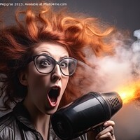 Buy canvas prints of A woman with a very wild hairstyle looks amazed at an exploded h by Michael Piepgras