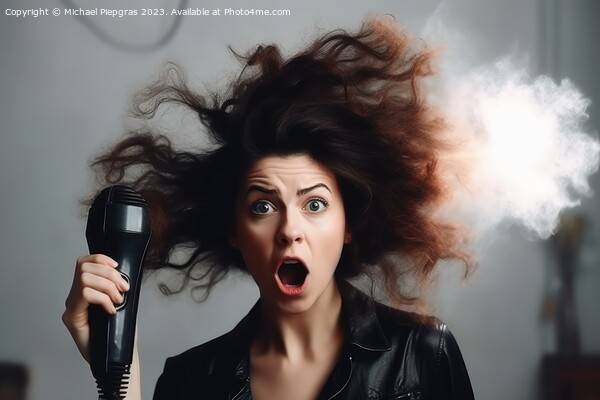 A woman with a very wild hairstyle looks amazed at an exploded h Picture Board by Michael Piepgras