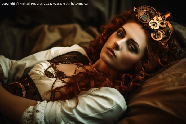 An attractive female steampunk woman cyborg laying on a bed crea Picture Board by Michael Piepgras