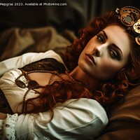 Buy canvas prints of An attractive female steampunk woman cyborg laying on a bed crea by Michael Piepgras