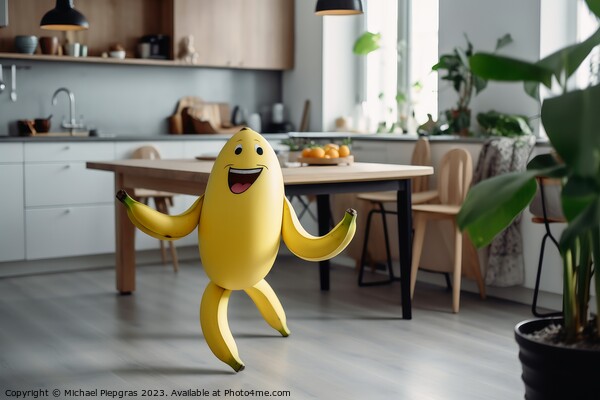 A smiling banana with arm and legs running on a kitchen table cr Picture Board by Michael Piepgras