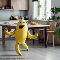 Buy canvas prints of A smiling banana with arm and legs running on a kitchen table cr by Michael Piepgras