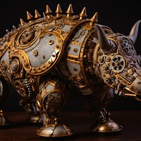 Buy canvas prints of A steampunk rhino with lots of screws and cogwheels created with by Michael Piepgras