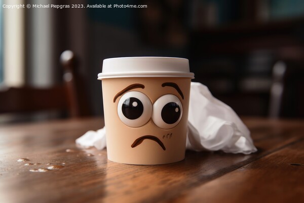 A tired coffee cup with eyes on a kitchen table created with gen Picture Board by Michael Piepgras