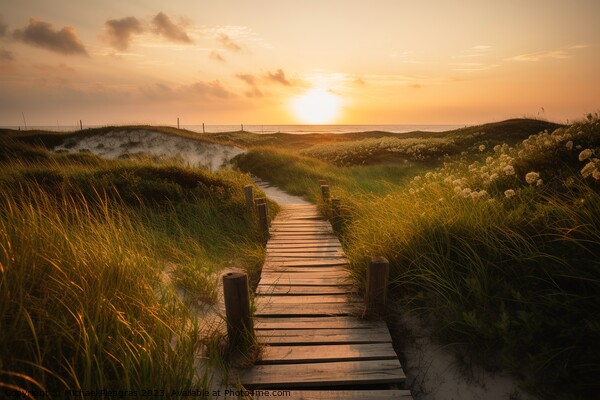 A wooden path to the ocean beach past tall grass during sunset c Picture Board by Michael Piepgras