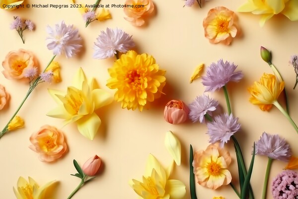 Fresh spring flowers on a pastel yellow background created with  Picture Board by Michael Piepgras