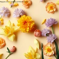 Buy canvas prints of Fresh spring flowers on a pastel yellow background created with  by Michael Piepgras