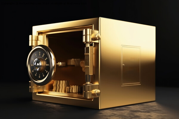 Gold Safe deposit with crypto currency logo and copy space creat Picture Board by Michael Piepgras