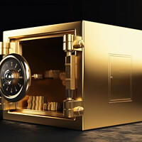 Buy canvas prints of Gold Safe deposit with crypto currency logo and copy space creat by Michael Piepgras
