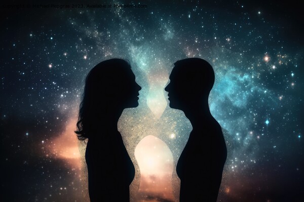 Man and woman astral silhouettes concept at cosmic background cr Picture Board by Michael Piepgras