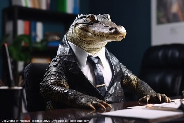 Portrait of a crocodile in a business suit office background cre Picture Board by Michael Piepgras