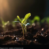 Buy canvas prints of Seedling in dark soil with a drop of water in the sunlight creat by Michael Piepgras