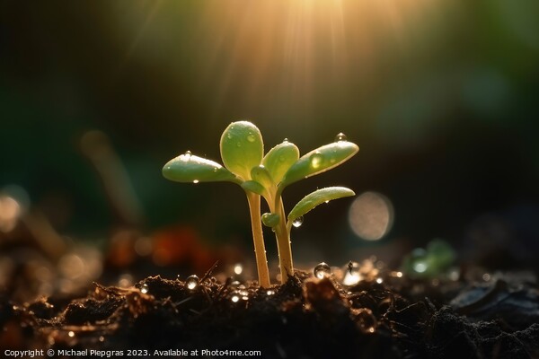 Seedling in dark soil with a drop of water in the sunlight creat Picture Board by Michael Piepgras