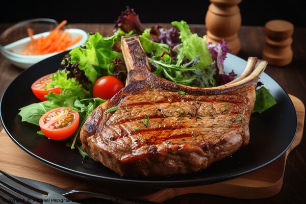 Tasty T Bone steak on a plate with some salad created with gener Picture Board by Michael Piepgras