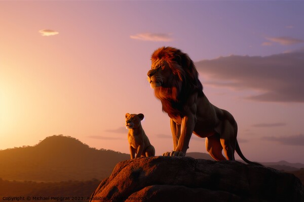 The Lion King sunset view created with generative AI technology. Picture Board by Michael Piepgras