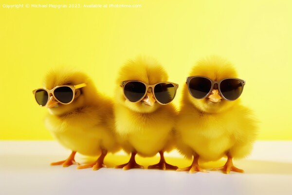 Three yellow chicks with sunglasses created with generative AI t Picture Board by Michael Piepgras