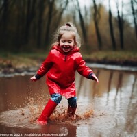 Buy canvas prints of Happy little girl jumps in a puddle with rubber boots created wi by Michael Piepgras