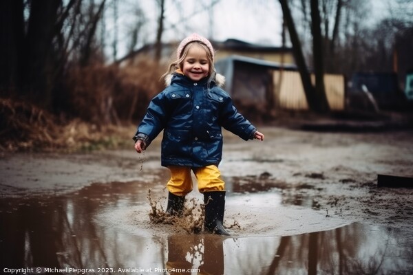 Happy little girl jumps in a puddle with rubber boots created wi Picture Board by Michael Piepgras