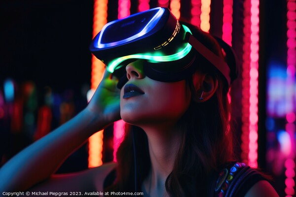 Woman exploring virtual reality in a close up neon colors create Picture Board by Michael Piepgras