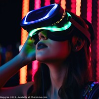 Buy canvas prints of Woman exploring virtual reality in a close up neon colors create by Michael Piepgras