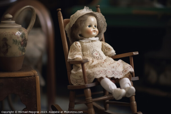 A beautiful vintage porcelain doll sitting on a rocking chair cr Picture Board by Michael Piepgras