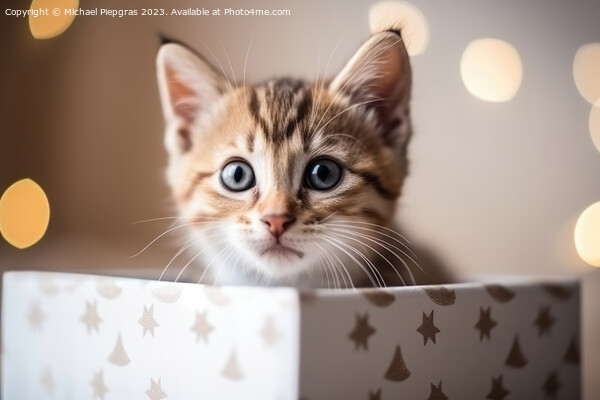 A cute kitten looking out of a present box created with generati Picture Board by Michael Piepgras