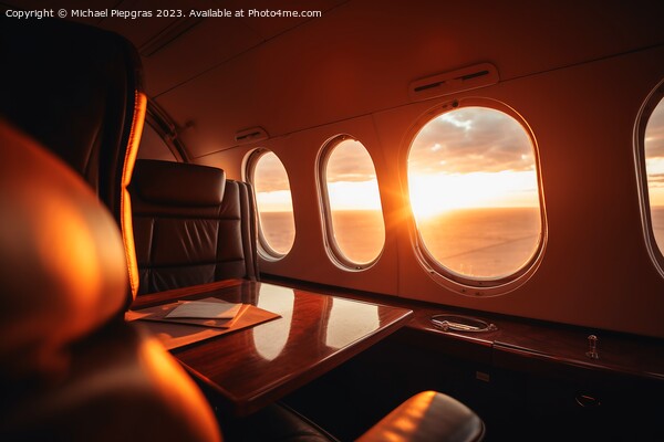 A first class area in a business jet with the sunset through a w Picture Board by Michael Piepgras