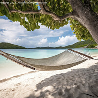 Buy canvas prints of A hammock on a tropical beach created with generative AI technol by Michael Piepgras