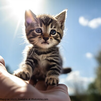 Buy canvas prints of A human hand holds a small kitten in the air sunlight from the f by Michael Piepgras