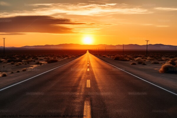 A lonely straight road in the American landscape at sunset creat Picture Board by Michael Piepgras
