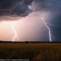 Buy canvas prints of A stormy sky with lightning strikes from the clouds to the ground created with generative AI technology. by Michael Piepgras