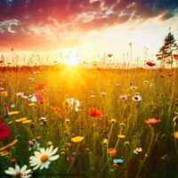 Buy canvas prints of Beautiful meadow with lots of flowers during sunset created with by Michael Piepgras